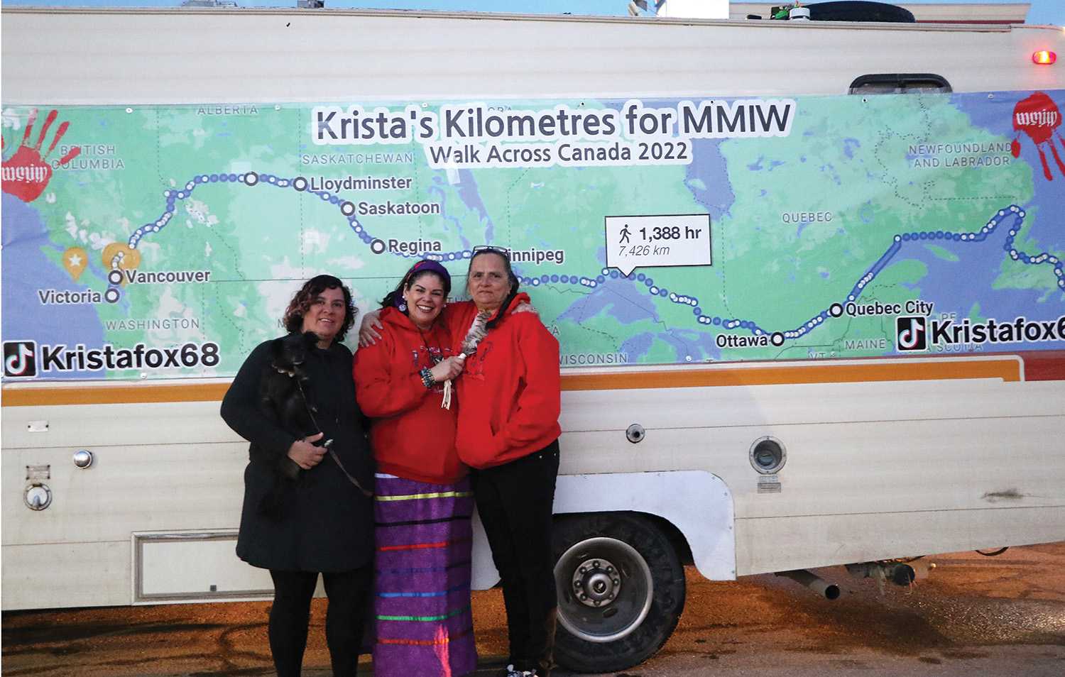 On April 28, (right) Krista Fox passed through Moosomin, Saskatchewan while on her journey of walking across Canada. Her walk is for raising awareness for Murdered and Missing Indigenous Women (MMIW). Left: Lindsey Bishop and Krista were welcomed in town by (middle) Joy Hamilton-Flaman of Moosomin.